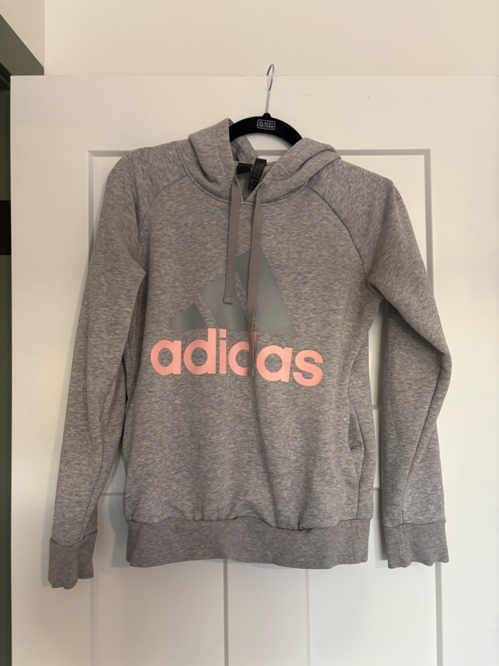 adidas Women’s Light Gray Hoodie with Pink Logo
